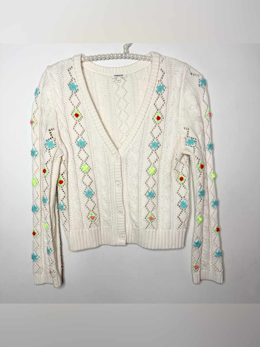 Manoush Embroidered Cable Knit Cardigan Sweater